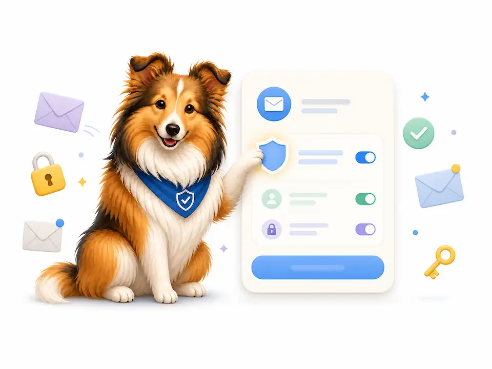 SheltieMail onboarding illustration showing a friendly Gmail connection step