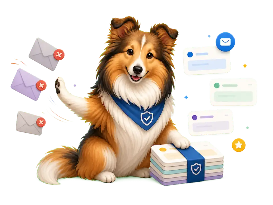 A friendly Shetland Sheepdog mascot guarding a calm, organized inbox